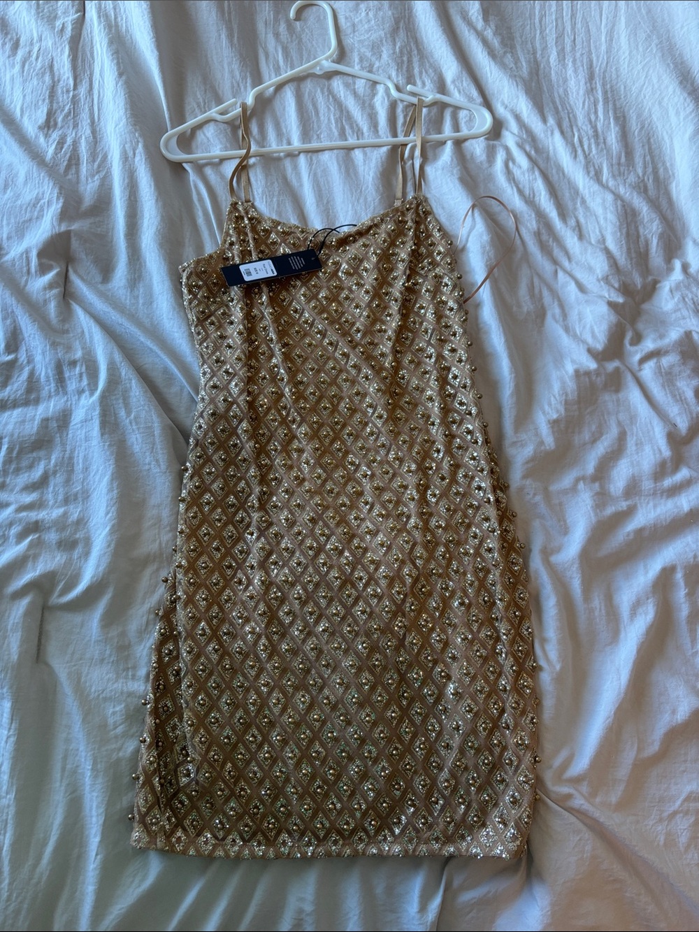 Fashion Nova Gold Beaded Mini Dress with Spaghetti Straps